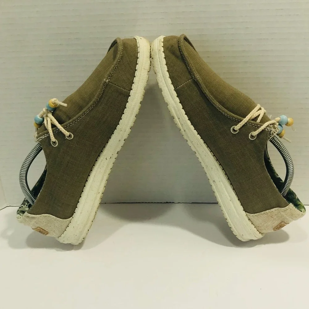 Hey Dude Wendy Rosemary Boho Earthy Canvas Loafers Shoes Beaded Fringe  Womens 8
